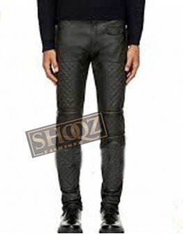 Men Dark Grey Zip Panel Quilted Leather Pant